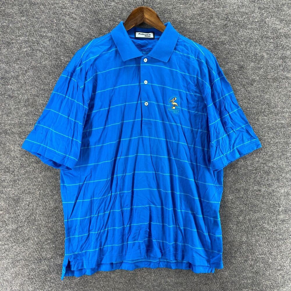 Pelican's Nest Polo Shirt Men L Large Blue Striped Button Up Collared Cotton